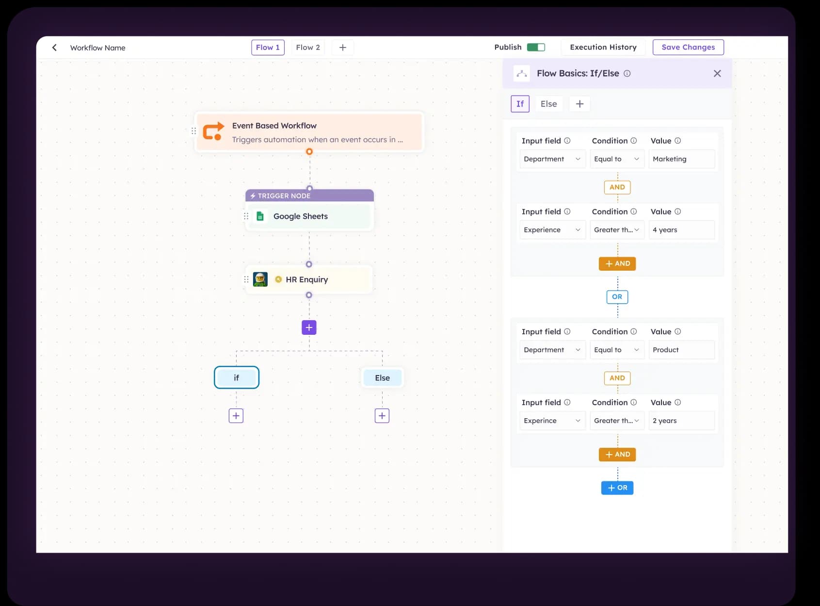 Workflow builder canvas with event trigger, Google Sheets, HR enquiry, if-else branches and a condition editor