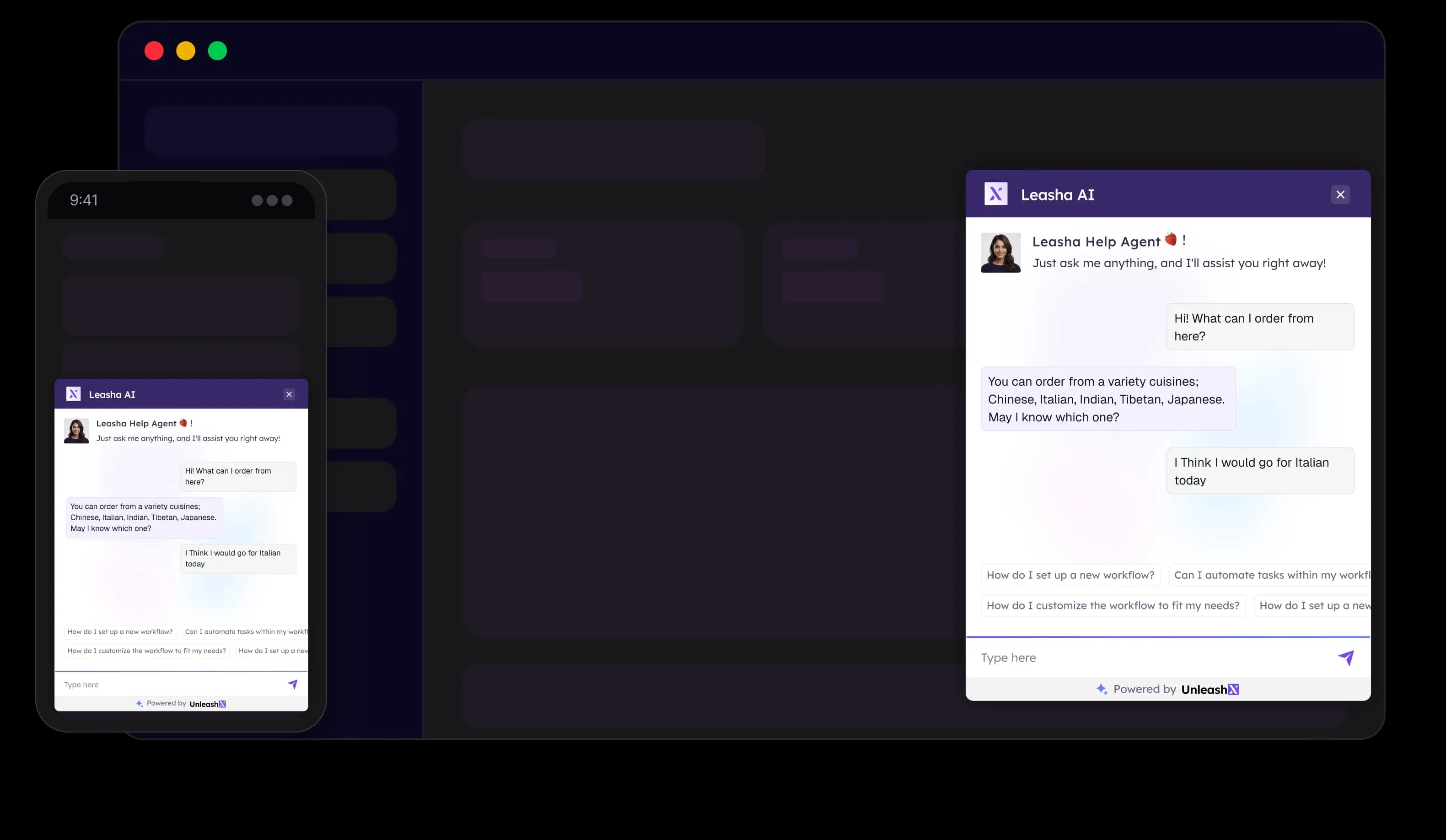Desktop and mobile Leasha chat widget interface example showing a sample ordering conversation