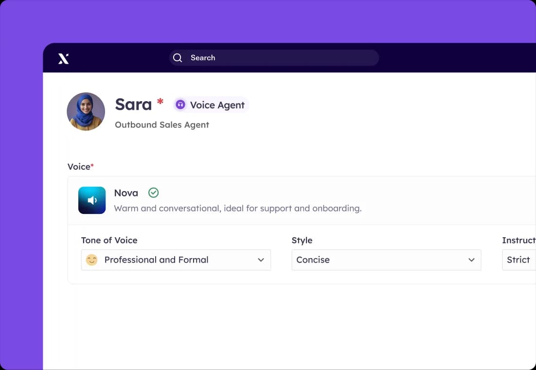 Voice builder example with voice selection, tone, style and instruction sensitivity controls